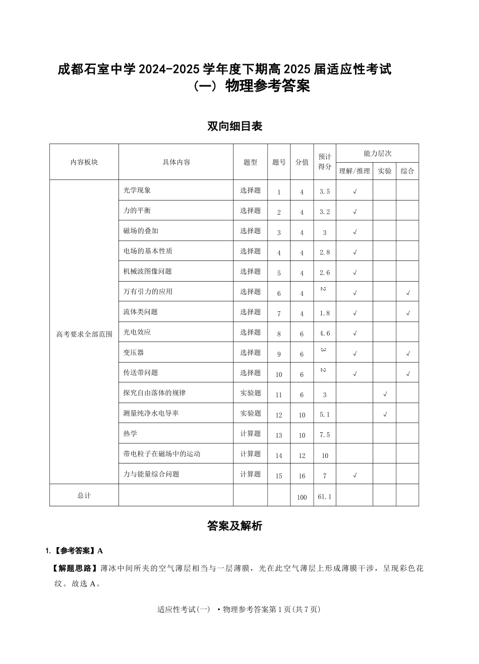 物理试卷答案【百强校】【四川卷】四川省成都石室中学2024-2025学年度下期高2025届适应性考试（一）（5.21-5.22）.docx_第1页