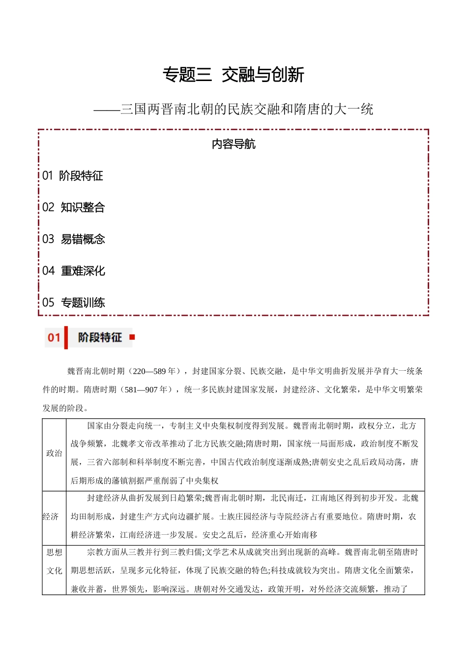 专题03+交融与创新——三国两晋南北朝的民族交融和隋唐大一统【知识大盘点+专题特训】高考历史三轮冲刺.docx_第1页