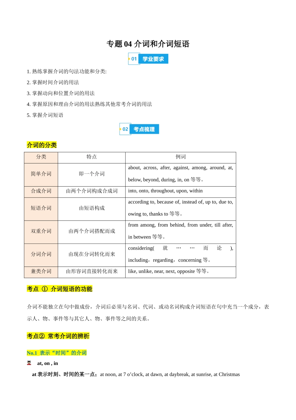 专题04介词和介词短语（知识梳理+考点精讲精练+实战训练）（原卷版）-【学考复习】2024年高中英语学业水平考试必备考点归纳与测试（新教材专用）.docx_第1页