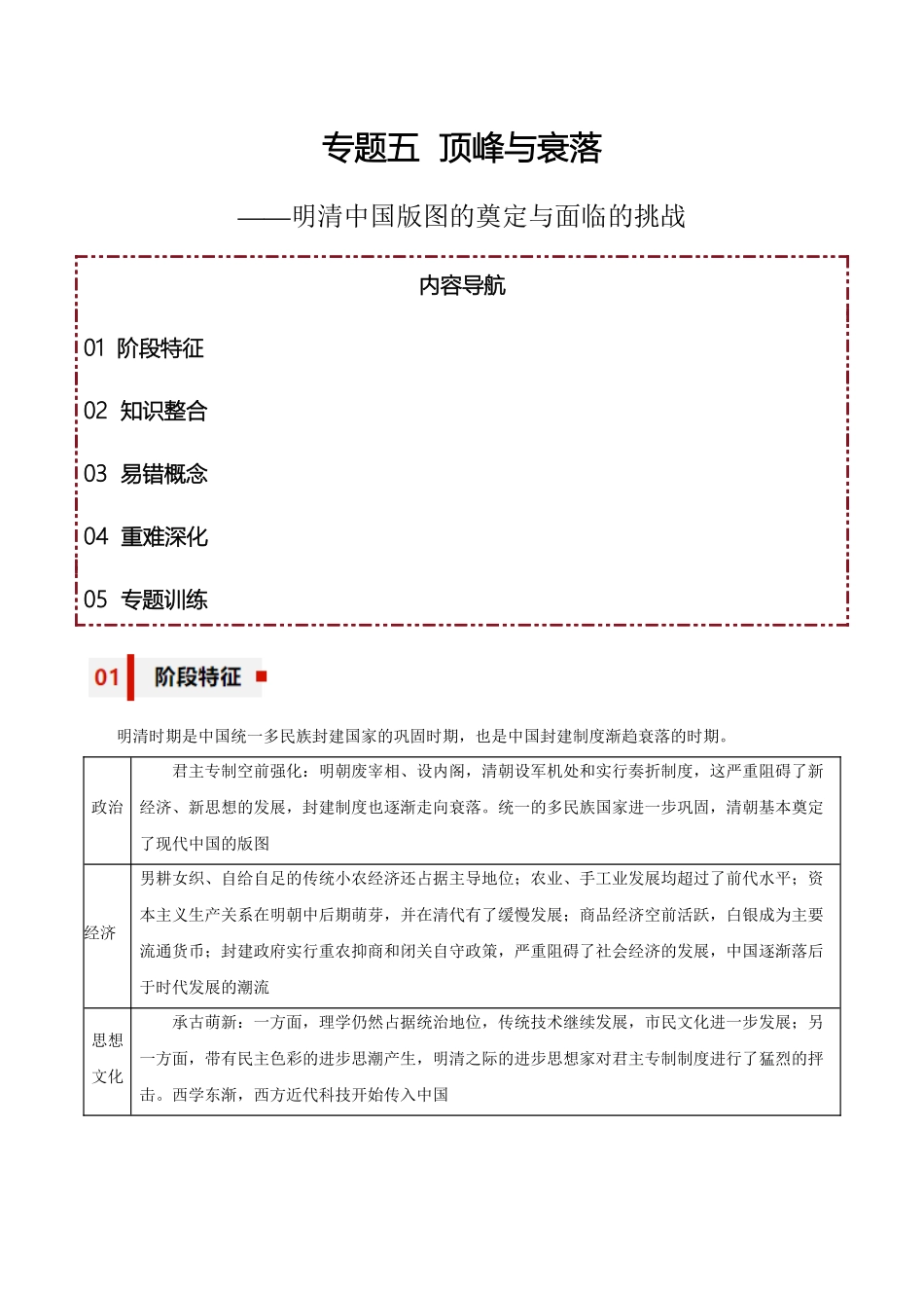 专题05+顶峰与衰落——明清中国版图的奠定与面临的挑战【知识大盘点+专题特训】高考历史三轮冲刺.docx_第1页