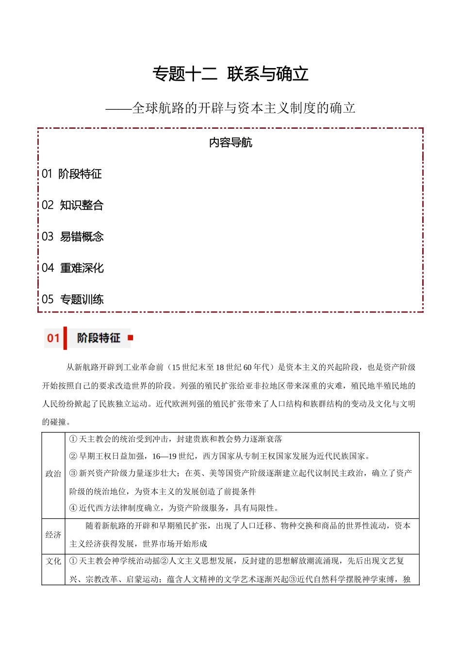 专题12+联系与确认——全球航路的开辟与资本主义制度的确立-【知识大盘点+专题特训】高考历史三轮冲刺.docx_第1页