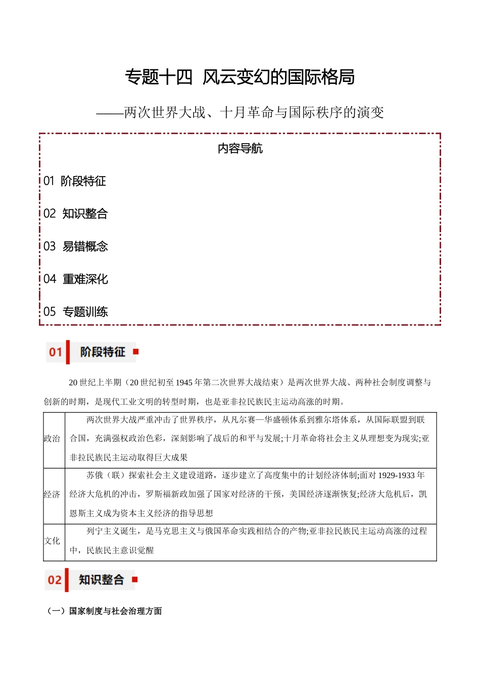 专题14+风云变幻的国际格局——两次世界大战、十月革命与国际秩序的演变-【知识大盘点+专题特训】高考历史三轮冲刺.docx_第1页