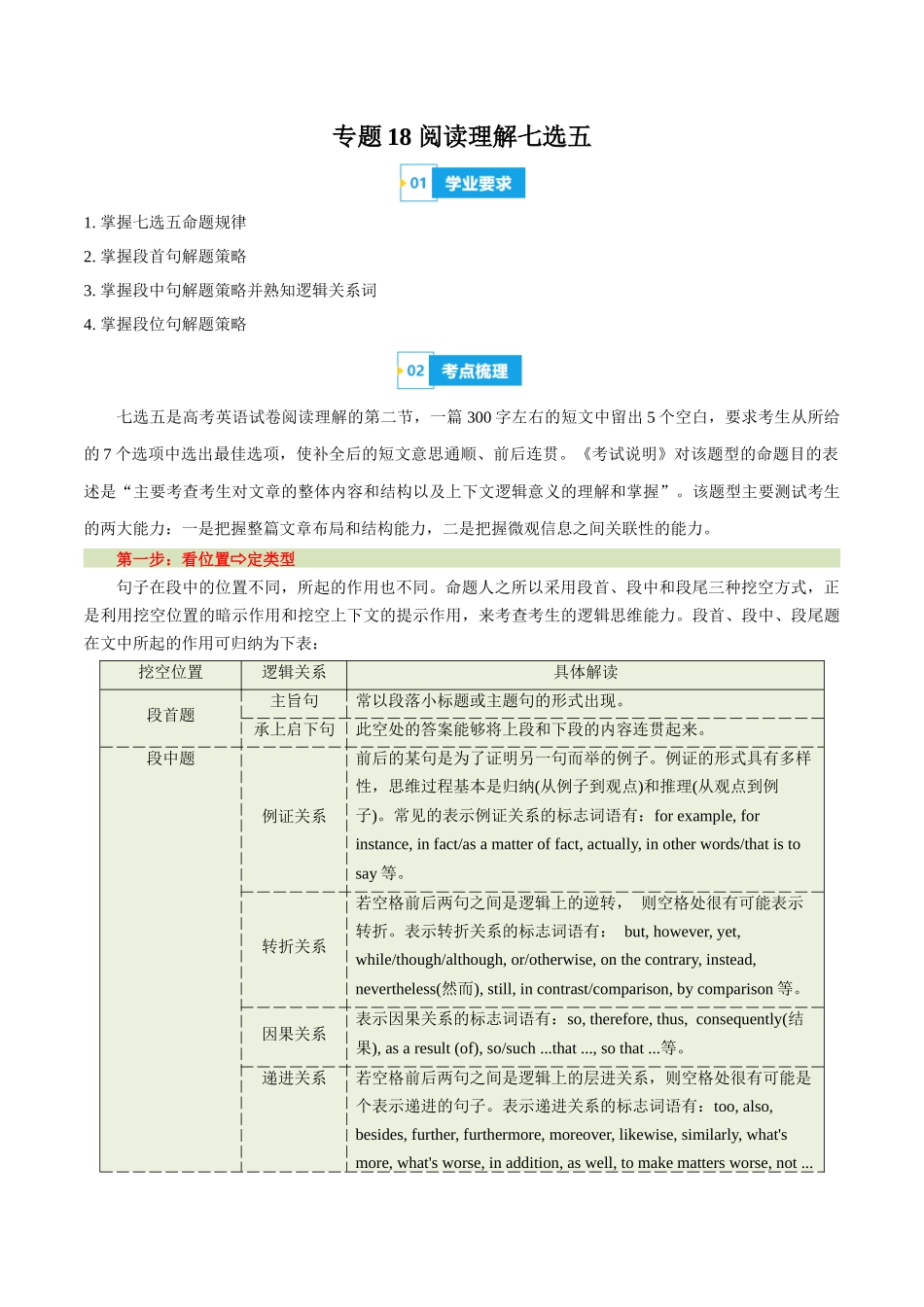 专题18阅读七选五（知识梳理+考点精讲精练+实战训练）（解析版）-【学考复习】2024年高中英语学业水平考试必备考点归纳与测试（新教材专用）.docx_第1页