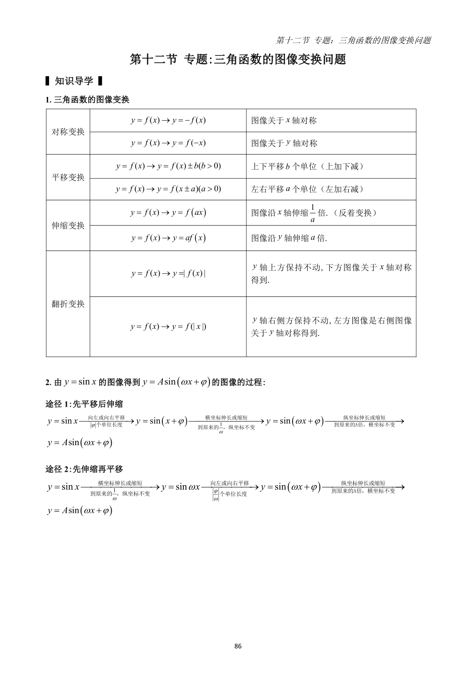 2025高中数学全练一本通(必修一)三角函数-第12节专题：三角函数的图像变换(原卷版).pdf_第1页