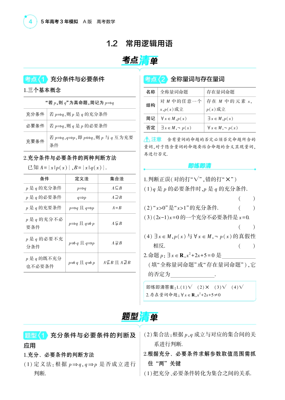 2025新高考版总复习数学考点清单-01_1.2常用逻辑用语讲解册.pdf_第1页