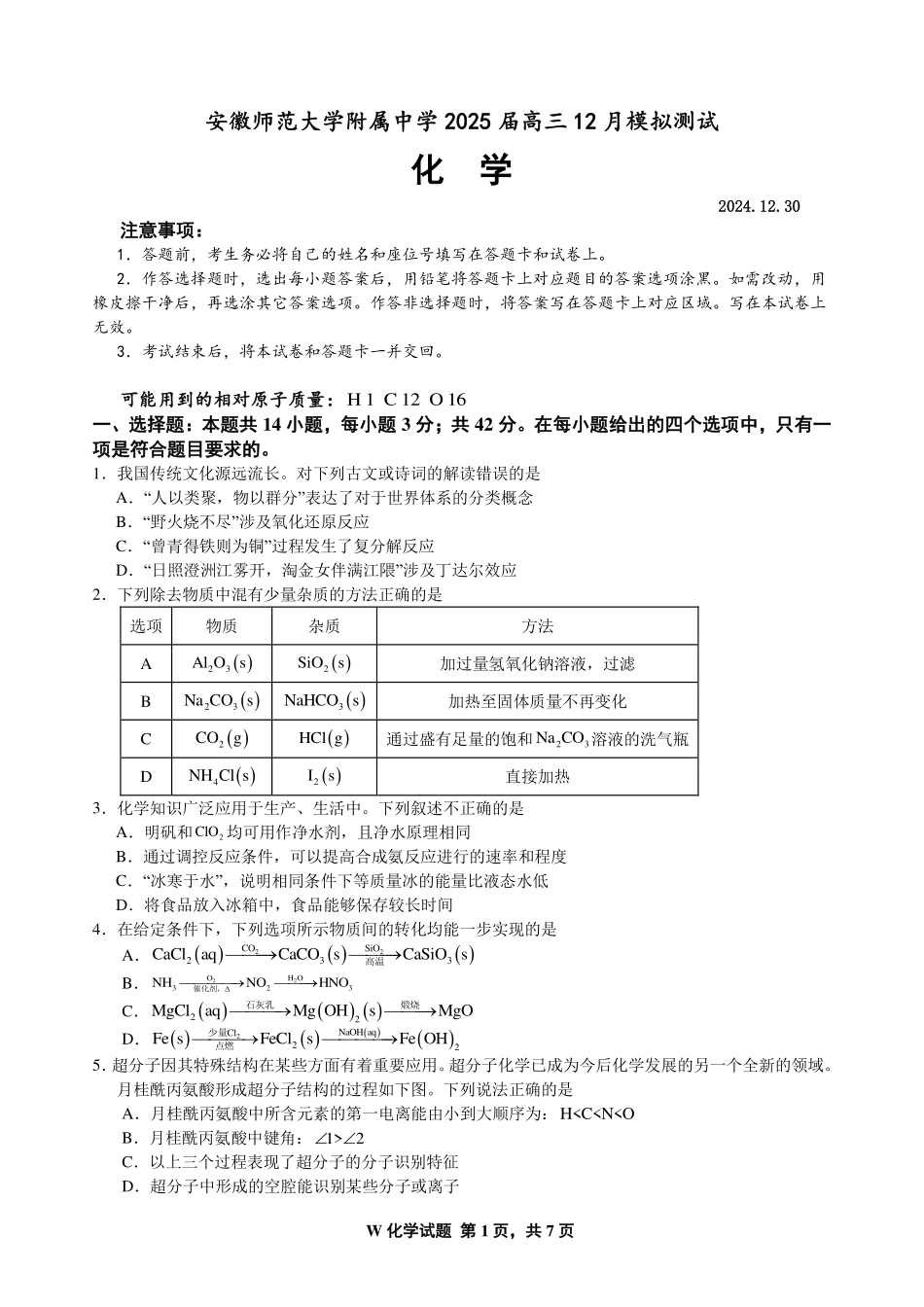 安徽省师范大学附属中学2025届高三上学期12月月考化学试题.pdf_第1页