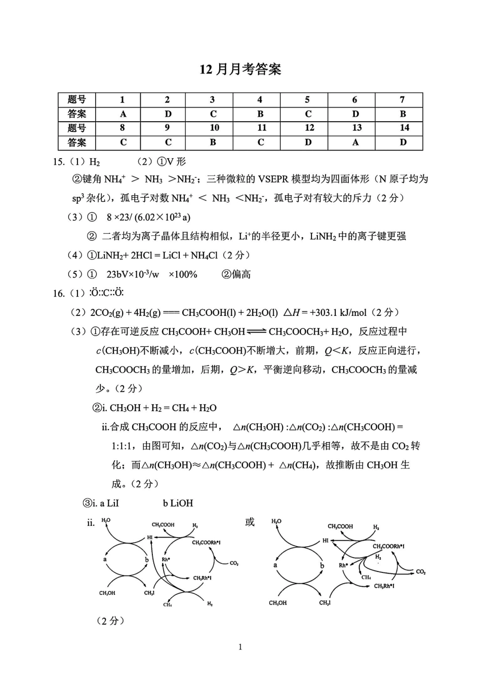 北京市北京师范大学附属实验中学2025届高三上学期12月月考化学答案.pdf_第1页