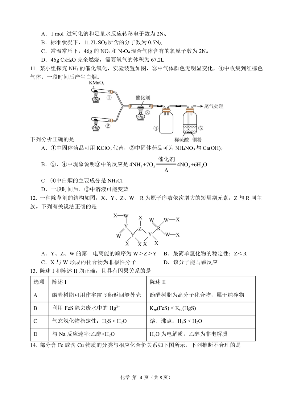 广东省汕头市金山中学2025届高三上学期期中考试化学试题.pdf_第3页