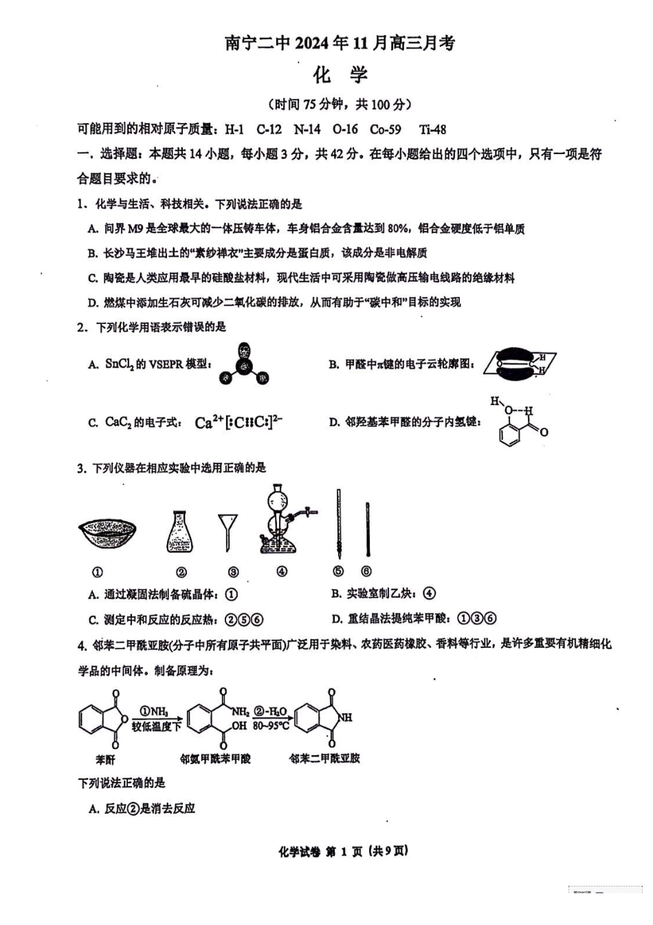 广西南宁市第二中学2025届高三上学期11月月考化学试题.pdf_第1页