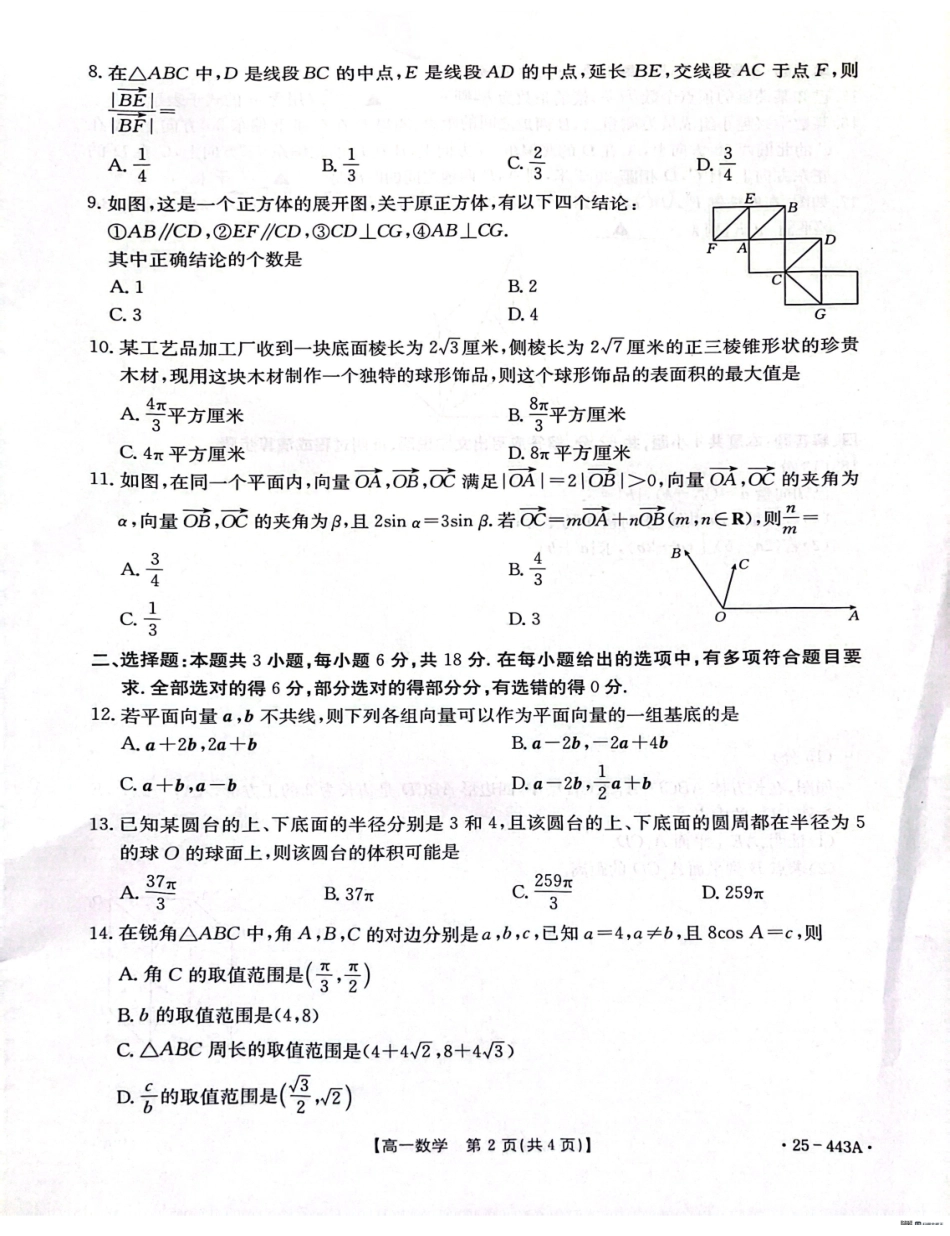 河北省邢台市质检联盟2024-2025学年高一下学期期中数学试题.pdf_第2页