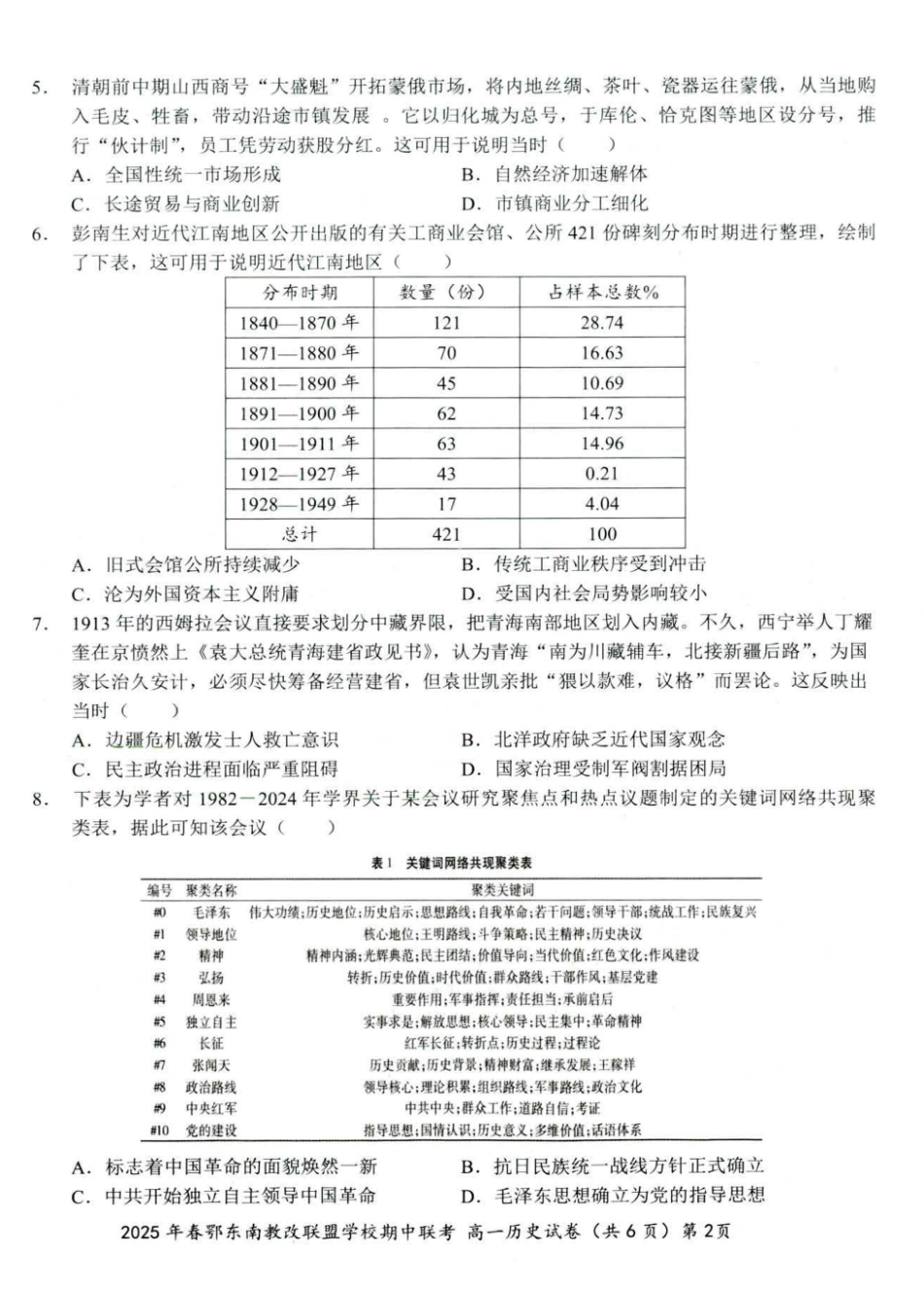 湖北省鄂东南省级示范高中教改联盟学校2024-2025学年高一下学期期中联考历史试卷001.pdf_第2页