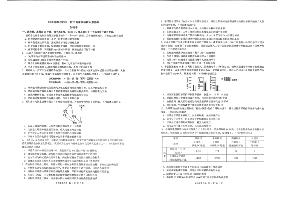 湖北省华中师大一附中2025年高考考前测试卷（最后一卷）（5.31-6.3）生物.pdf_第1页
