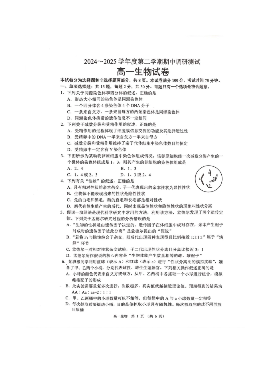江苏省宿迁市沭阳县2024-2025学年高一下学期期中生物.pdf_第1页