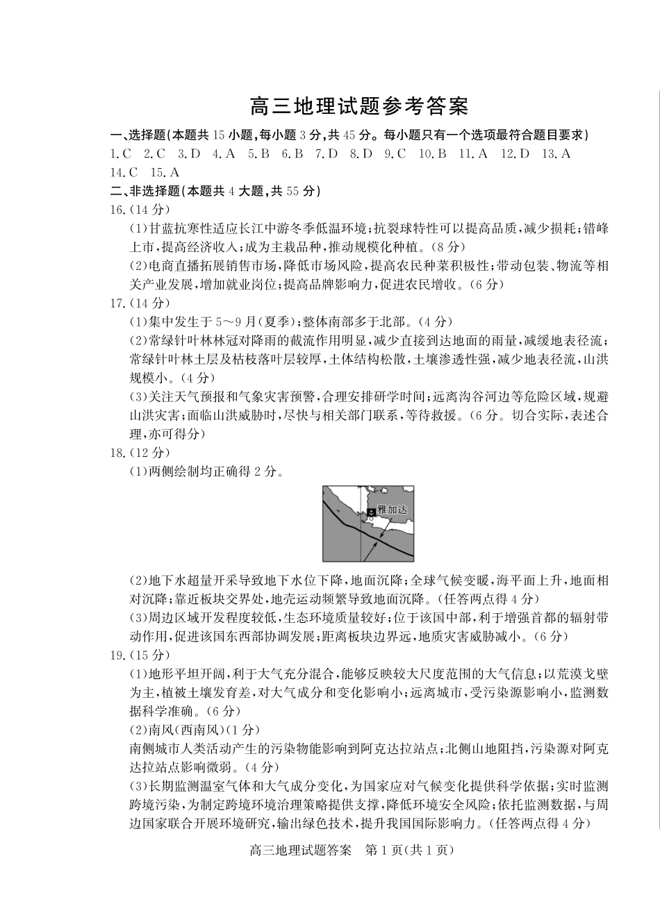 山东省（烟台市、德州市）2025届高三高考适应性测试地理答案.pdf_第1页