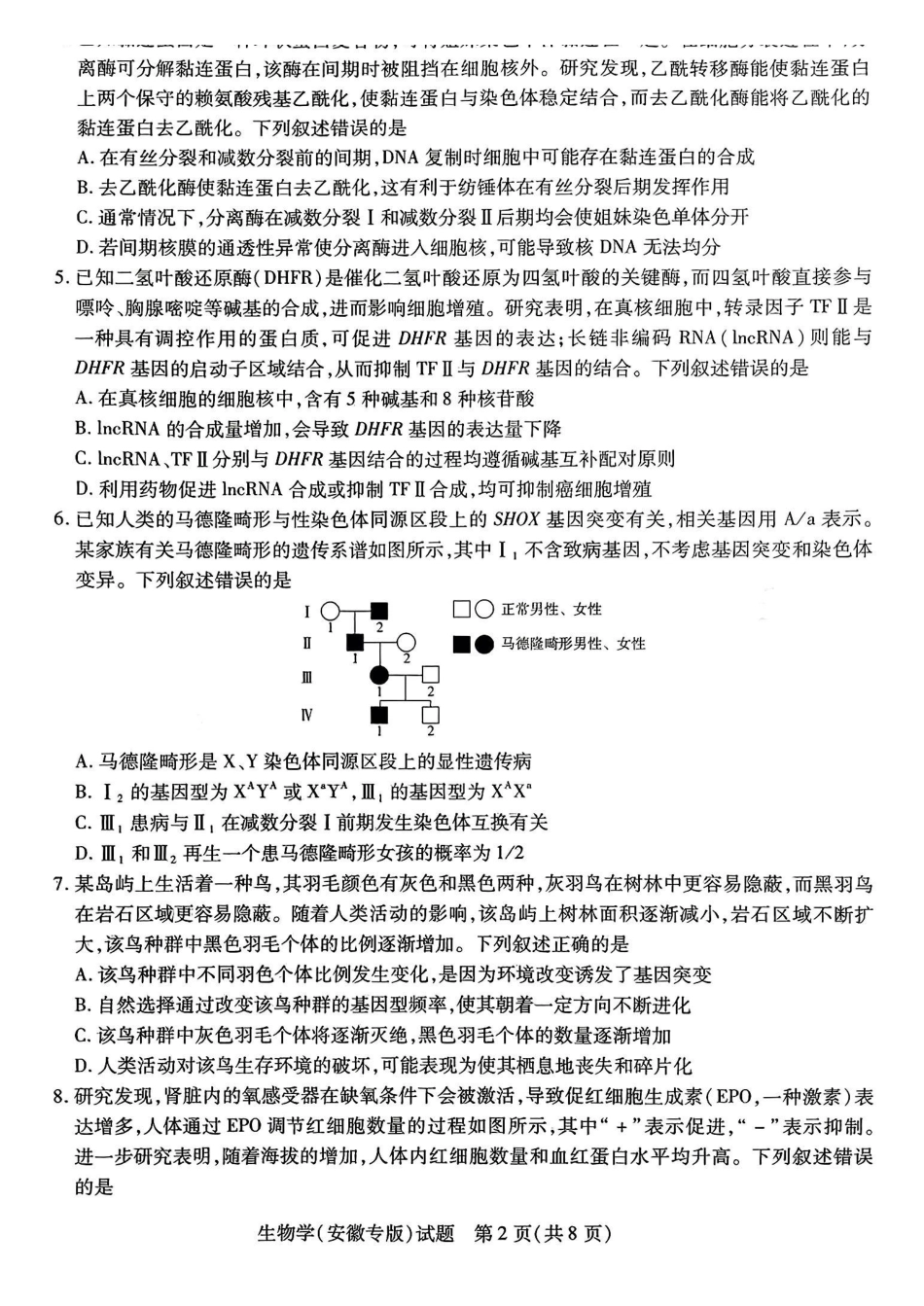 生物试卷【安徽卷】安徽省天一大联考2025年普通高中学业水平选择性考试预测卷（6.3-6.4）.pdf_第2页
