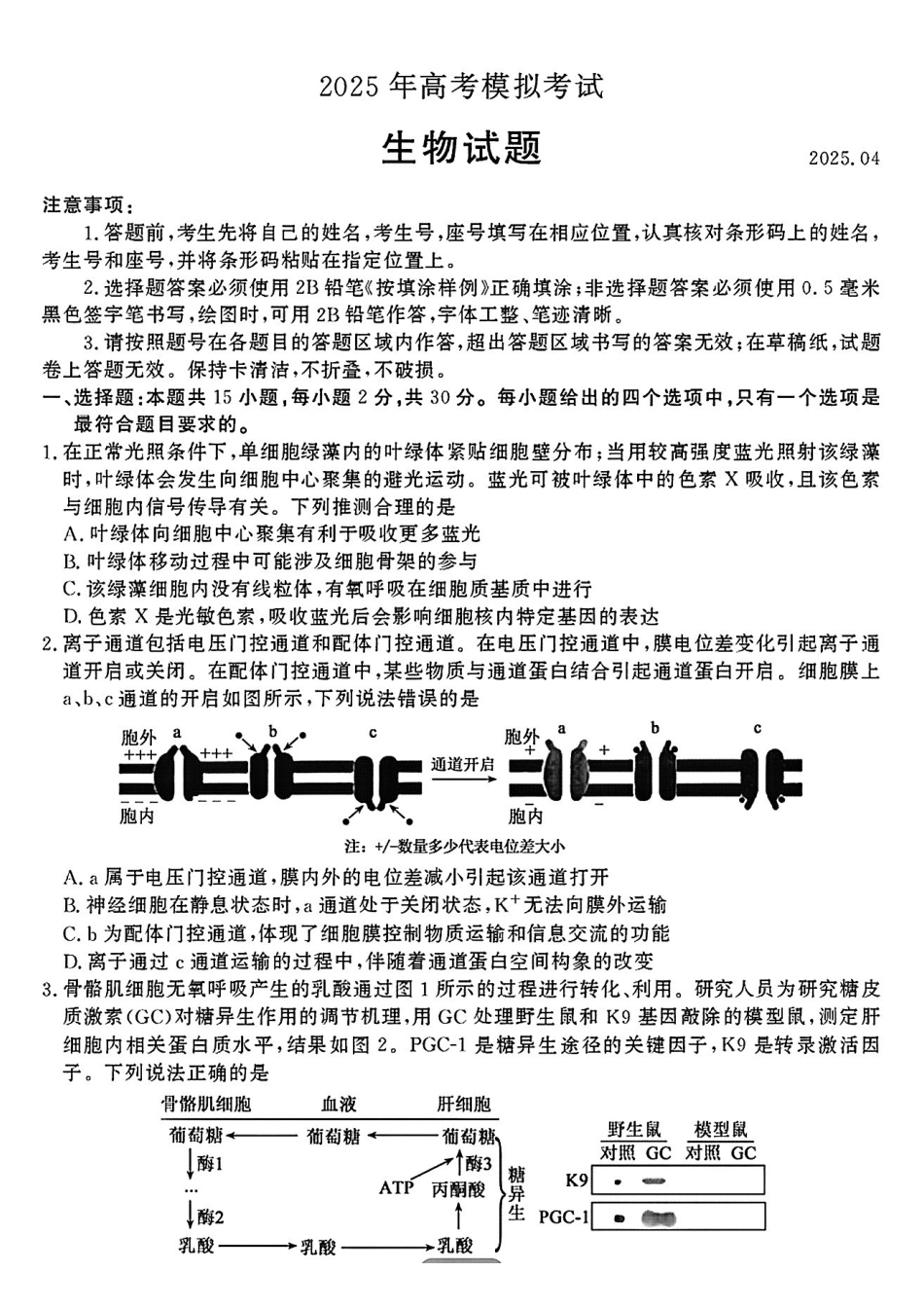 生物试卷【山东卷】山东省济宁市2025年5月高考模拟考试（济宁三模）(5.20-5.22).pdf_第1页