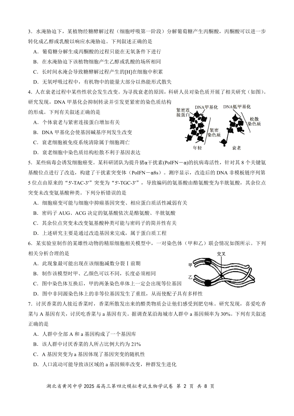 生物四模试卷【湖北名校】【湖北卷】湖北省黄冈中学2025届高三下学期第四次模拟考试（黄冈中学四模）（5.31-6.2）.pdf_第2页