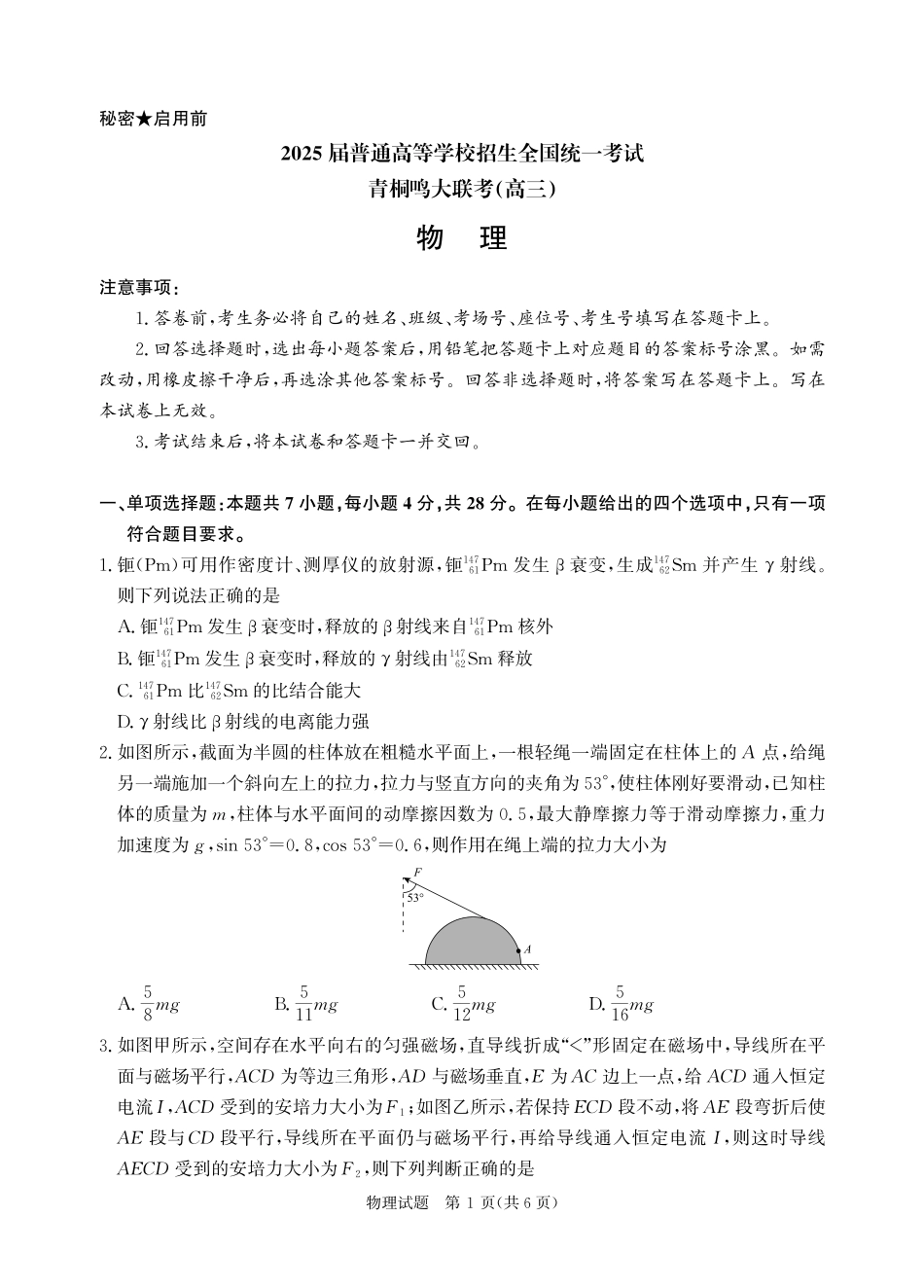 物理试卷【河南卷】河南省2025届普通高等学校招生全国统一考试暨青桐鸣5月高三大联考（5.9-5.10）.pdf_第1页
