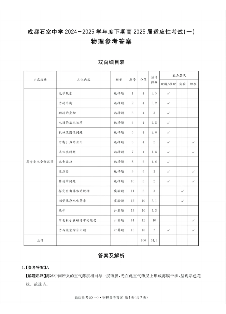 物理试卷答案【百强校】【四川卷】四川省成都石室中学2024-2025学年度下期高2025届适应性考试（一）（5.21-5.22）.pdf_第1页