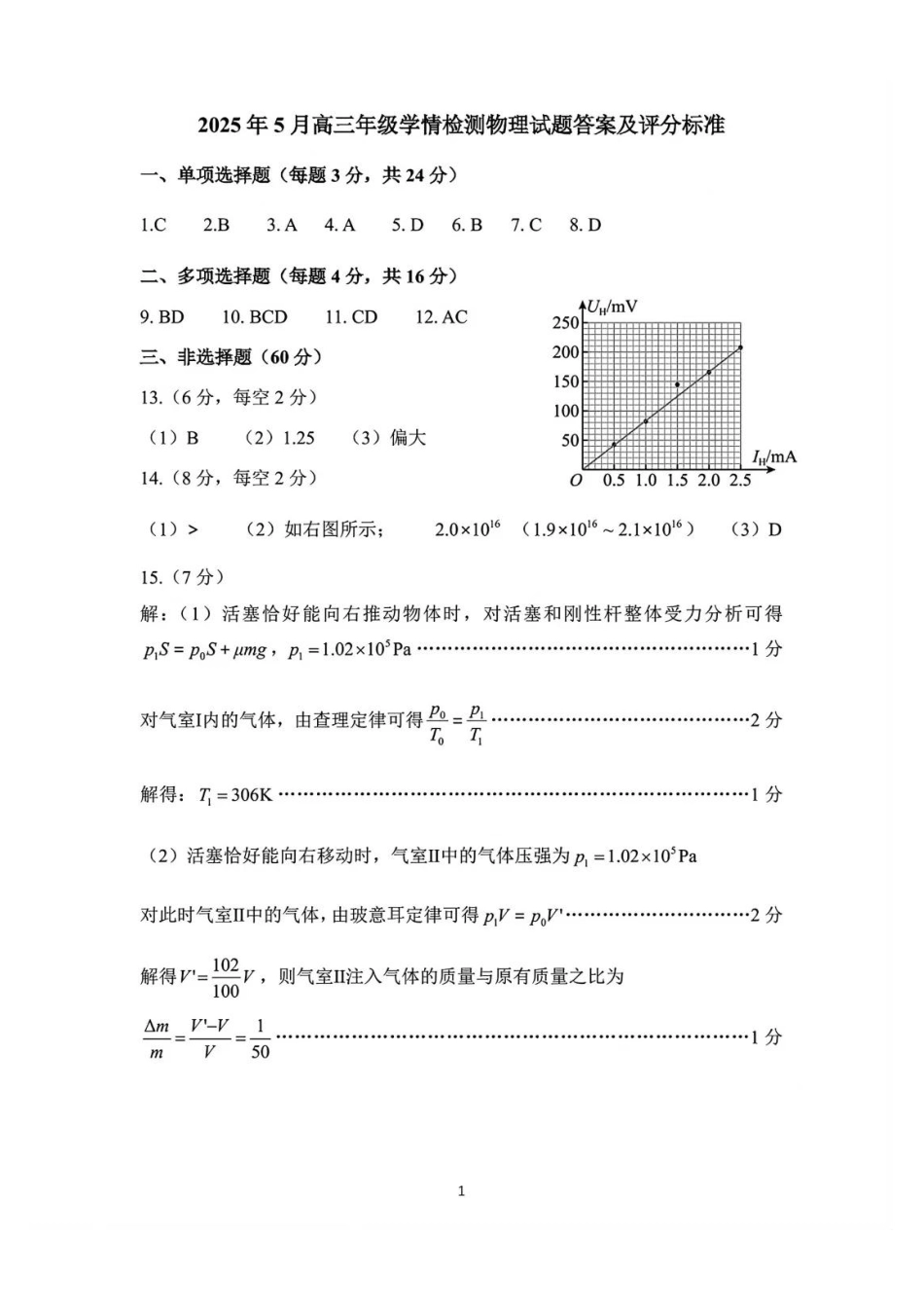 物理试题卷答案【山东卷】山东省济南市2025年高考针对性训练（济南二模）（5.13-5.15）(1).pdf_第1页