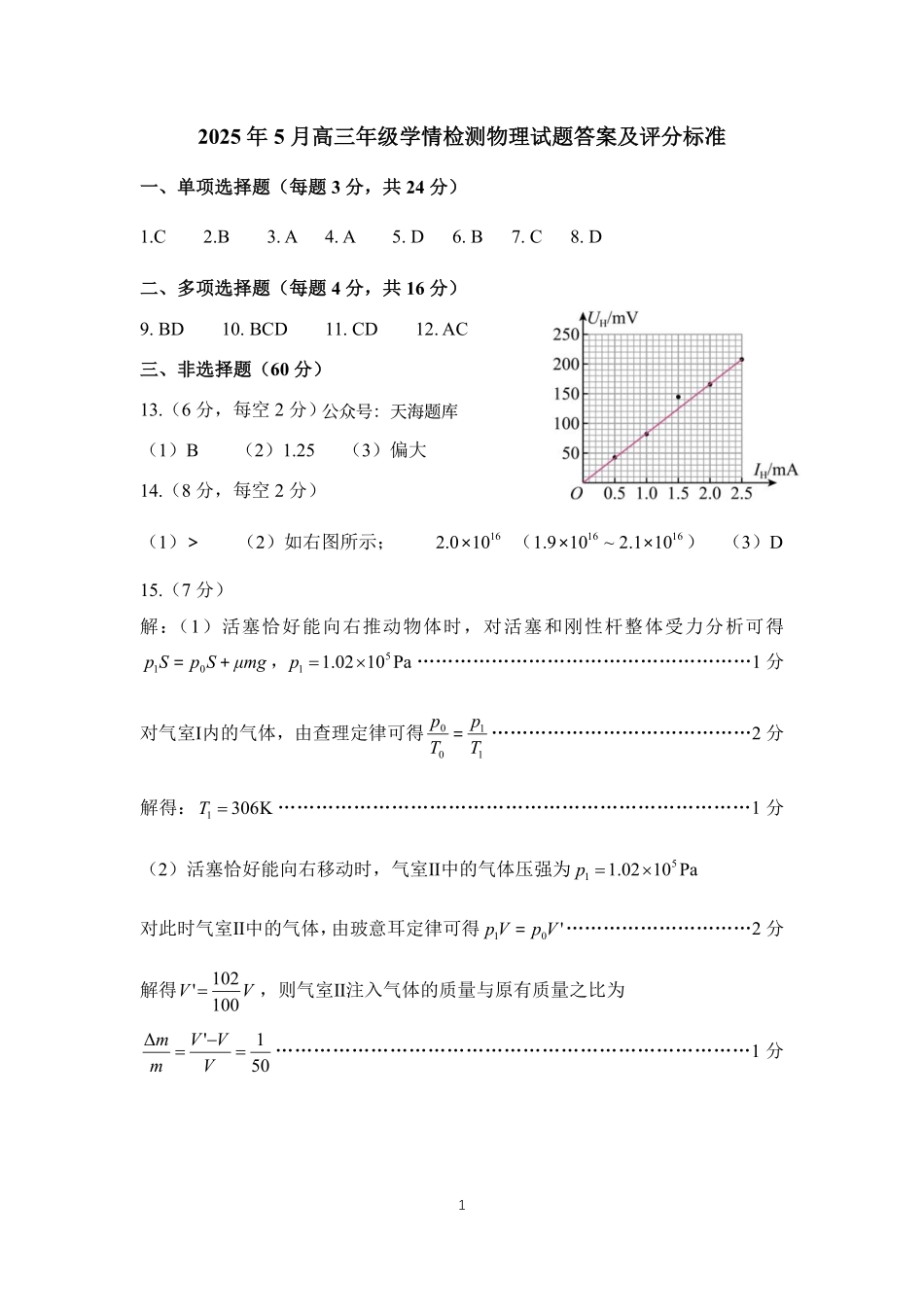 物理试题卷答案【山东卷】山东省济南市2025年高考针对性训练（济南二模）（5.13-5.15）.pdf_第1页
