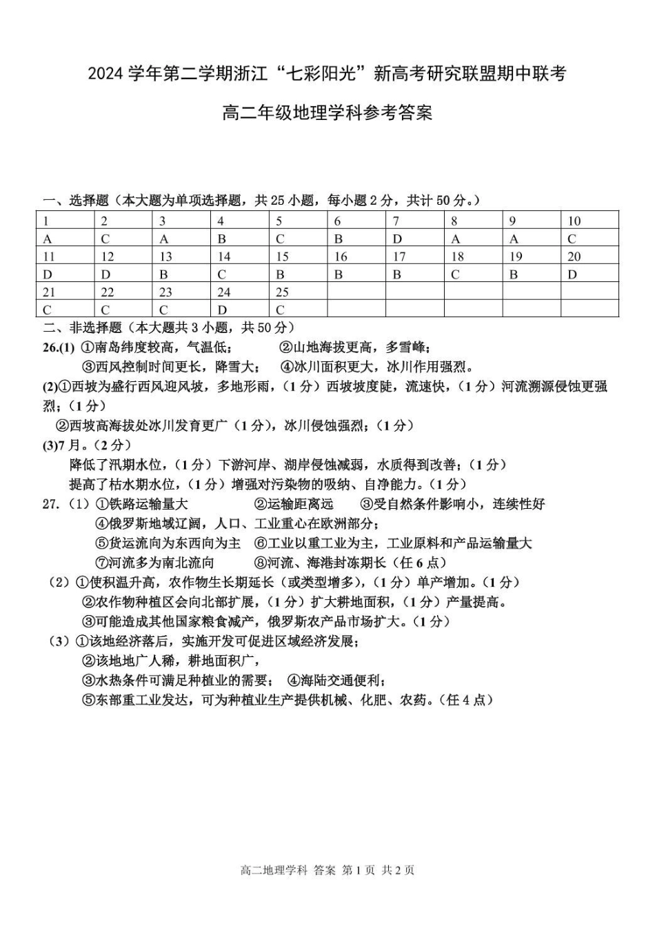 浙江省七彩阳光新高考研究联盟2024-2025学年高二下学期期中联考地理答案.pdf_第1页