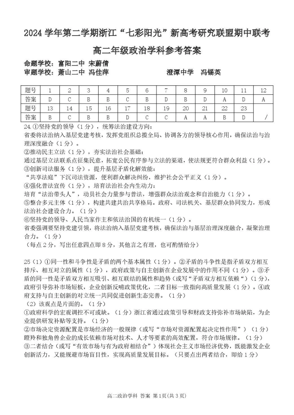 浙江省七彩阳光新高考研究联盟2024-2025学年高二下学期期中联考政治答案.pdf_第1页