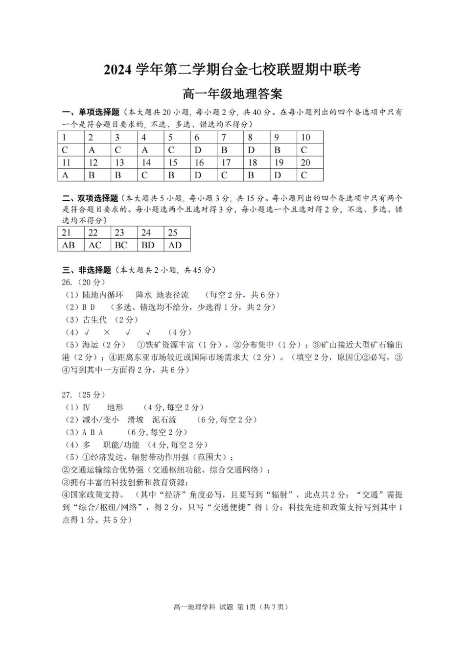 浙江省台金七校联盟2024-2025学年高一下学期期中联考地理答案.pdf_第1页