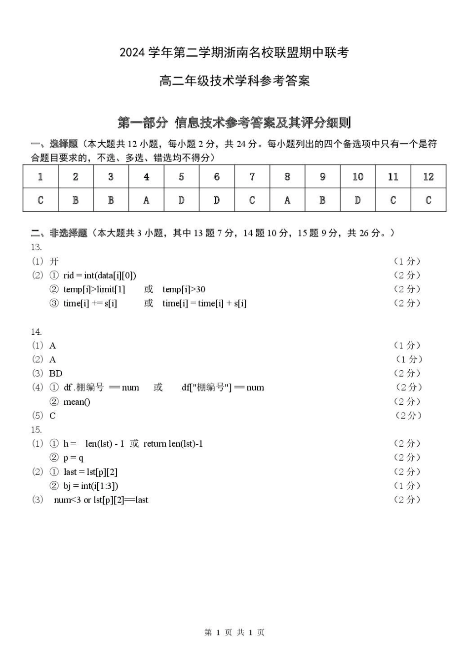 浙江省浙南名校联盟2024-2025学年高二下学期4月期中信息答案.pdf_第1页
