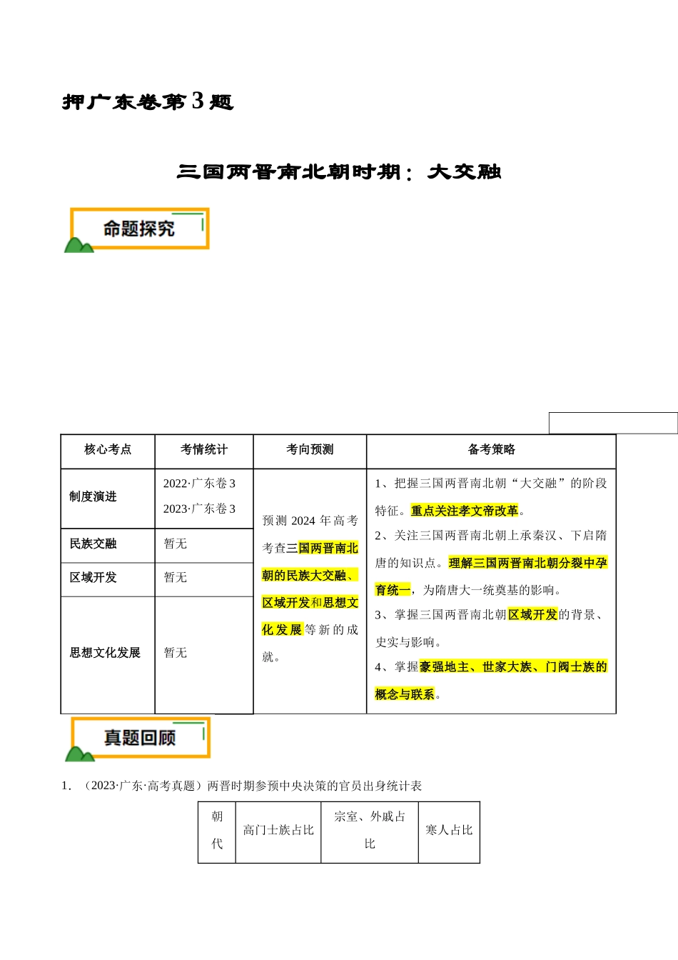 备战高一高二高三高考历史临考题号押题-押广东卷第3题三国两晋南北朝时期：大交融（解析版）.docx_第1页