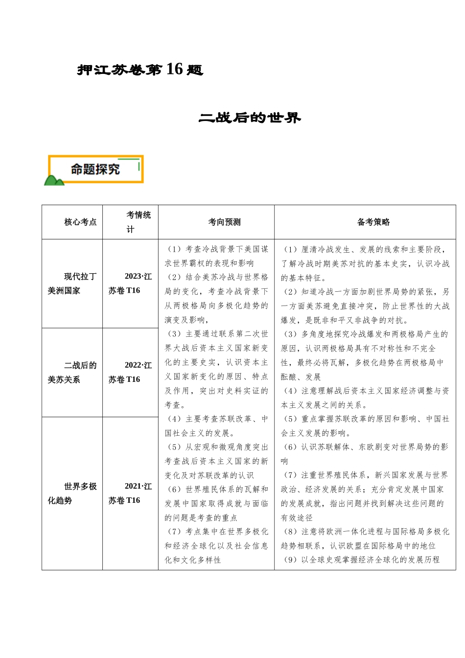 备战高一高二高三高考历史临考题号押题-押江苏卷第16题二战后的世界（原卷版）.docx_第1页