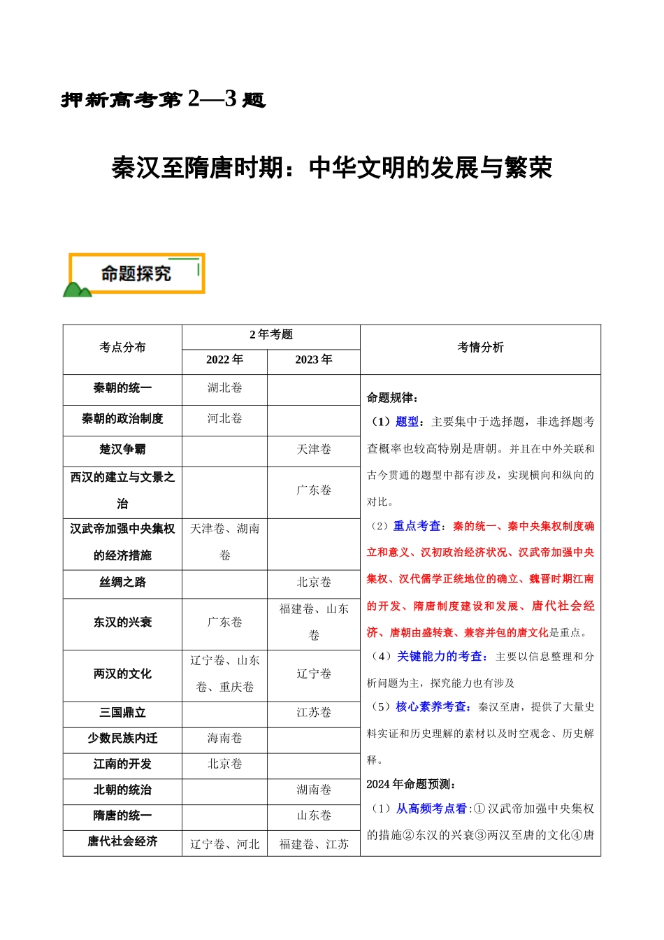 备战高一高二高三高考历史临考题号押题-押新高考第2-3题秦汉至隋唐时期：中华文明的发展与繁荣（解析版）.docx_第1页