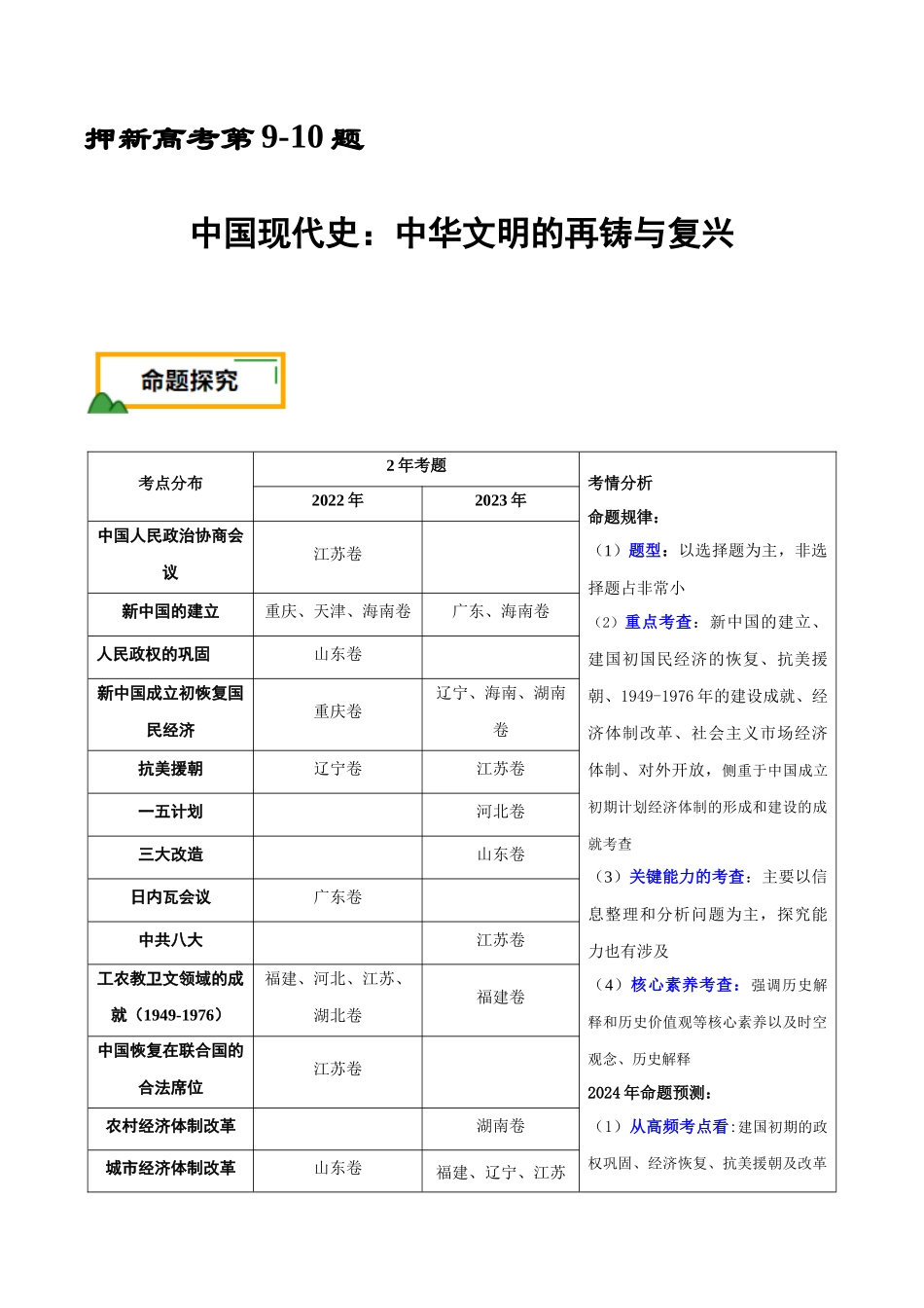 备战高一高二高三高考历史临考题号押题-押新高考第9-10题中国现代史：中华文明的再铸与复兴（原卷版）.docx_第1页
