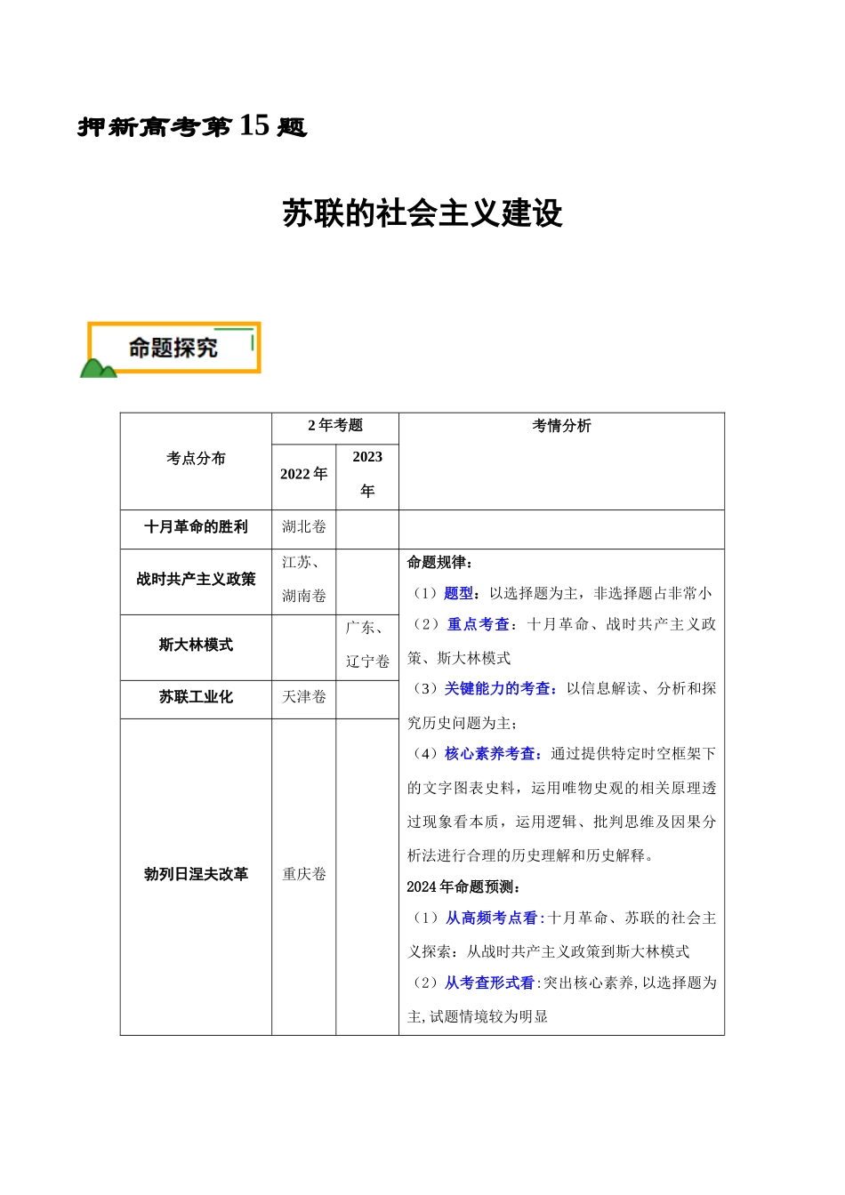 备战高一高二高三高考历史临考题号押题-押新高考第15题苏联的社会主义建设（解析版）.docx_第1页