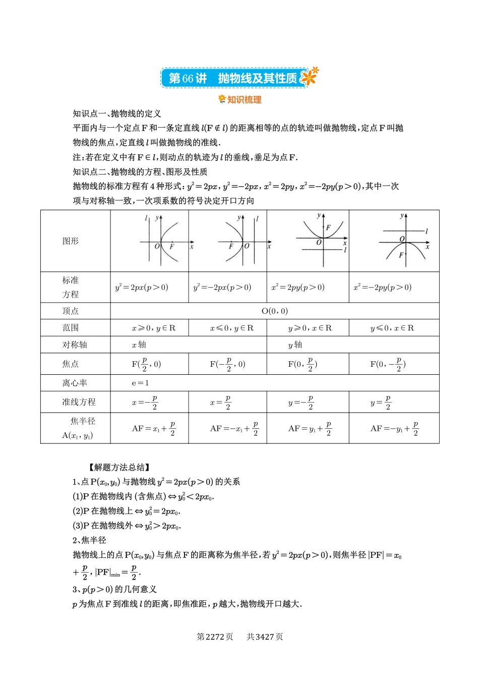 第66讲抛物线及其性质-高考数学必刷题（解析版）.pdf_第1页