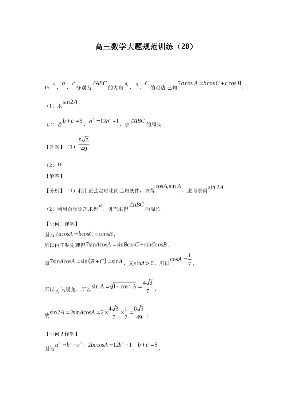 高三数学大题规范训练(28)(解析版).docx_第1页