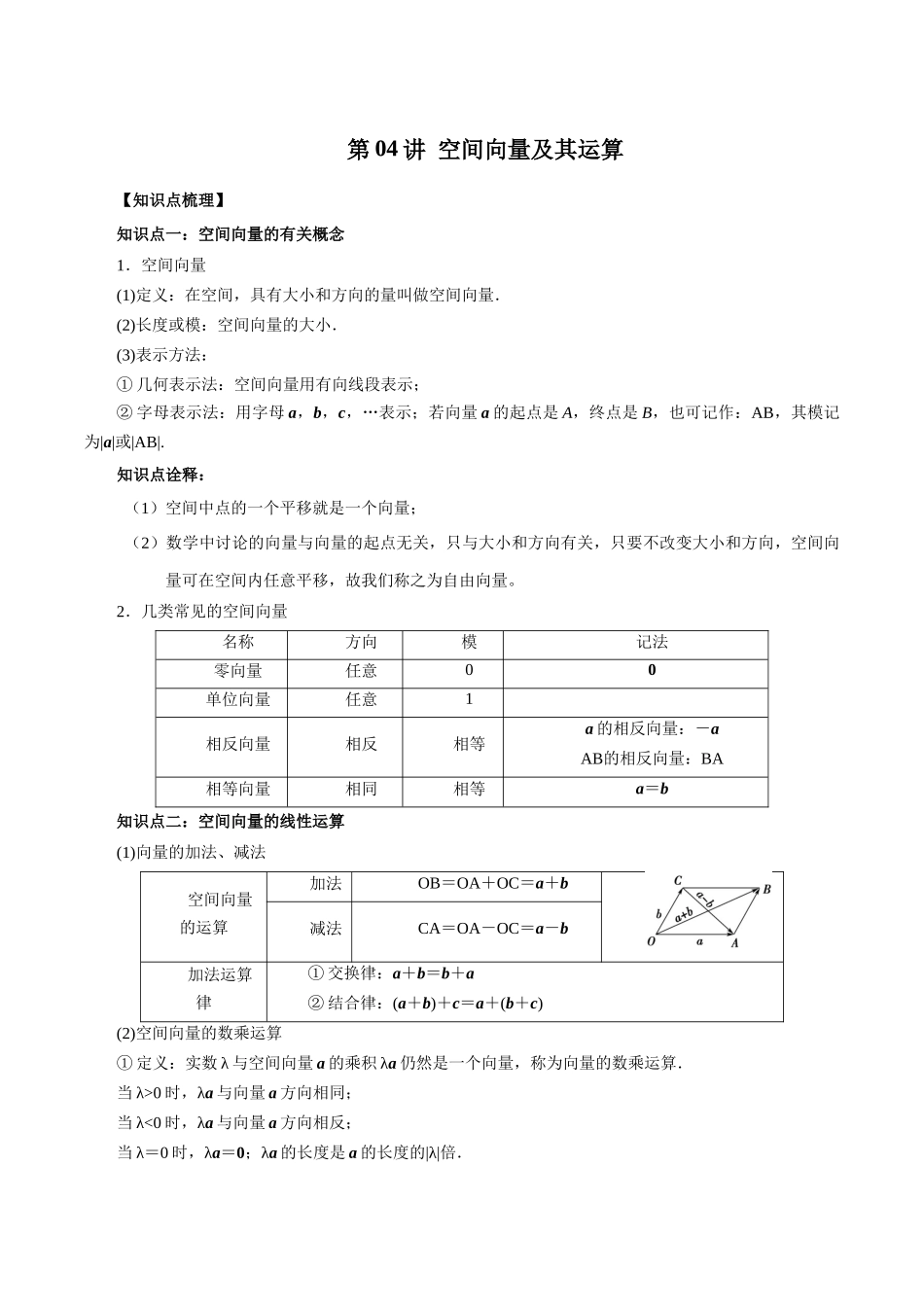 高一升高二暑假数学领跑讲义-第04讲空间向量及其运算（解析版）.docx_第1页