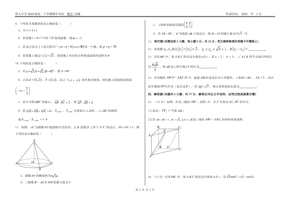 黑龙江省大庆铁人中学2024-2025学年高一下学期期中考试【附件3】铁人中学2024级高一下学期期中考试（数学试题）.pdf_第2页