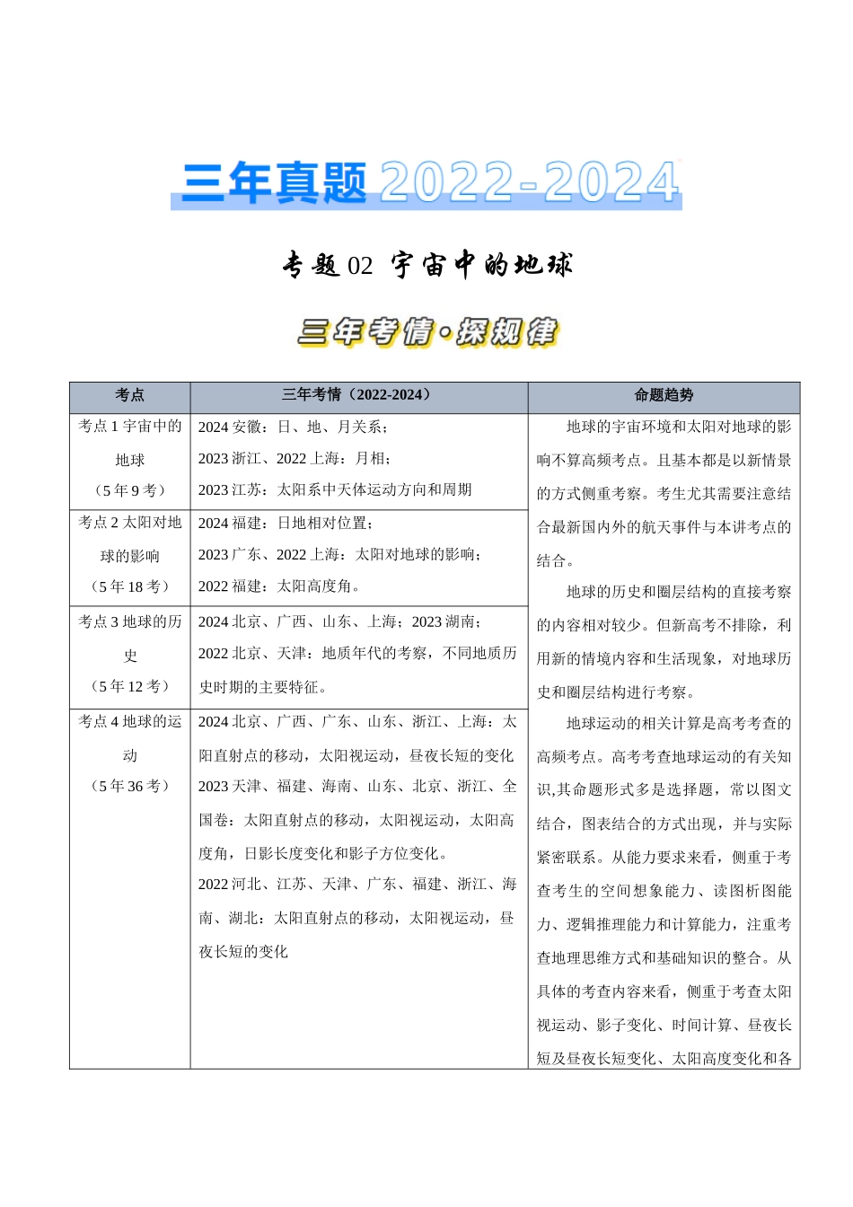 专题02宇宙中的地图-【好题汇编】三年（2022-2024）高考地理真题分类汇编（解析版）.docx_第1页