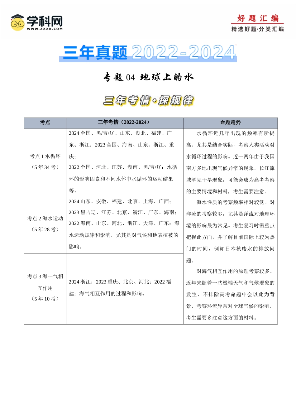 专题04地球上的水-【好题汇编】三年（2022-2024）高考地理真题分类汇编（原卷版）.docx_第1页