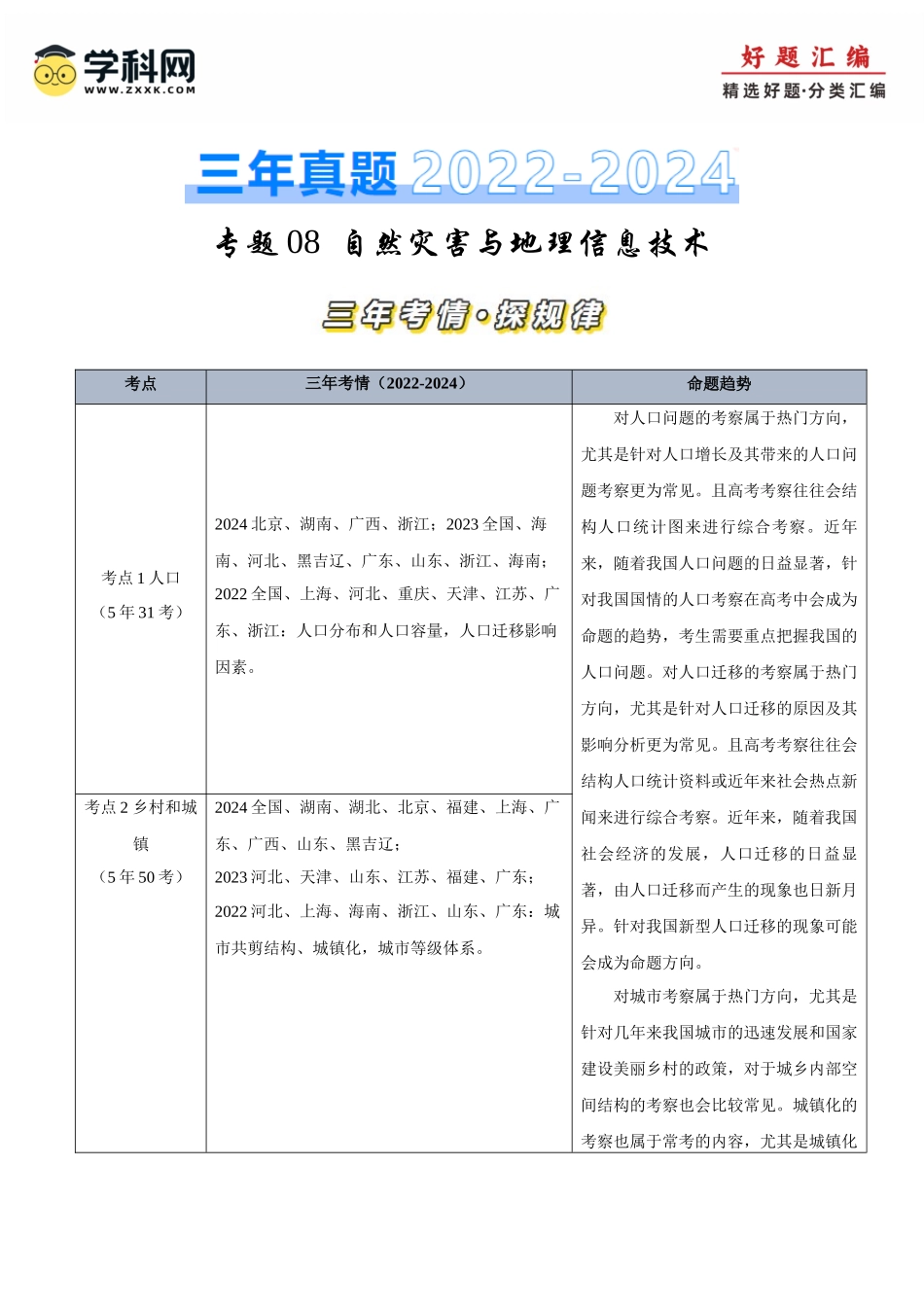 专题08人口、乡村与城镇-【好题汇编】三年（2022-2024）高考地理真题分类汇编（解析版）.docx_第1页