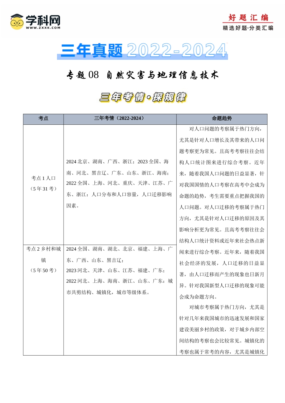 专题08人口、乡村与城镇-【好题汇编】三年（2022-2024）高考地理真题分类汇编（原卷版）.docx_第1页