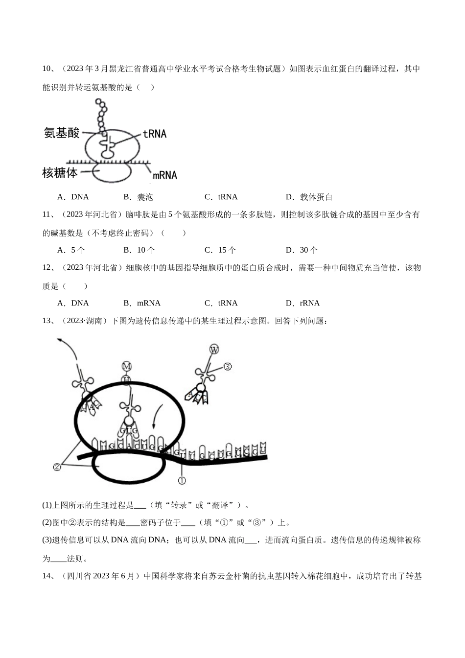 专题10基因的表达（原卷版）-备战高中学业水平考试生物真题分类汇编.docx_第3页