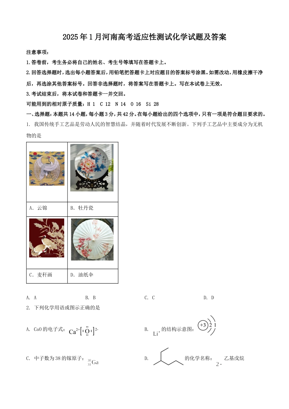 2025年1月河南高考适应性测试化学试题及答案.doc_第1页
