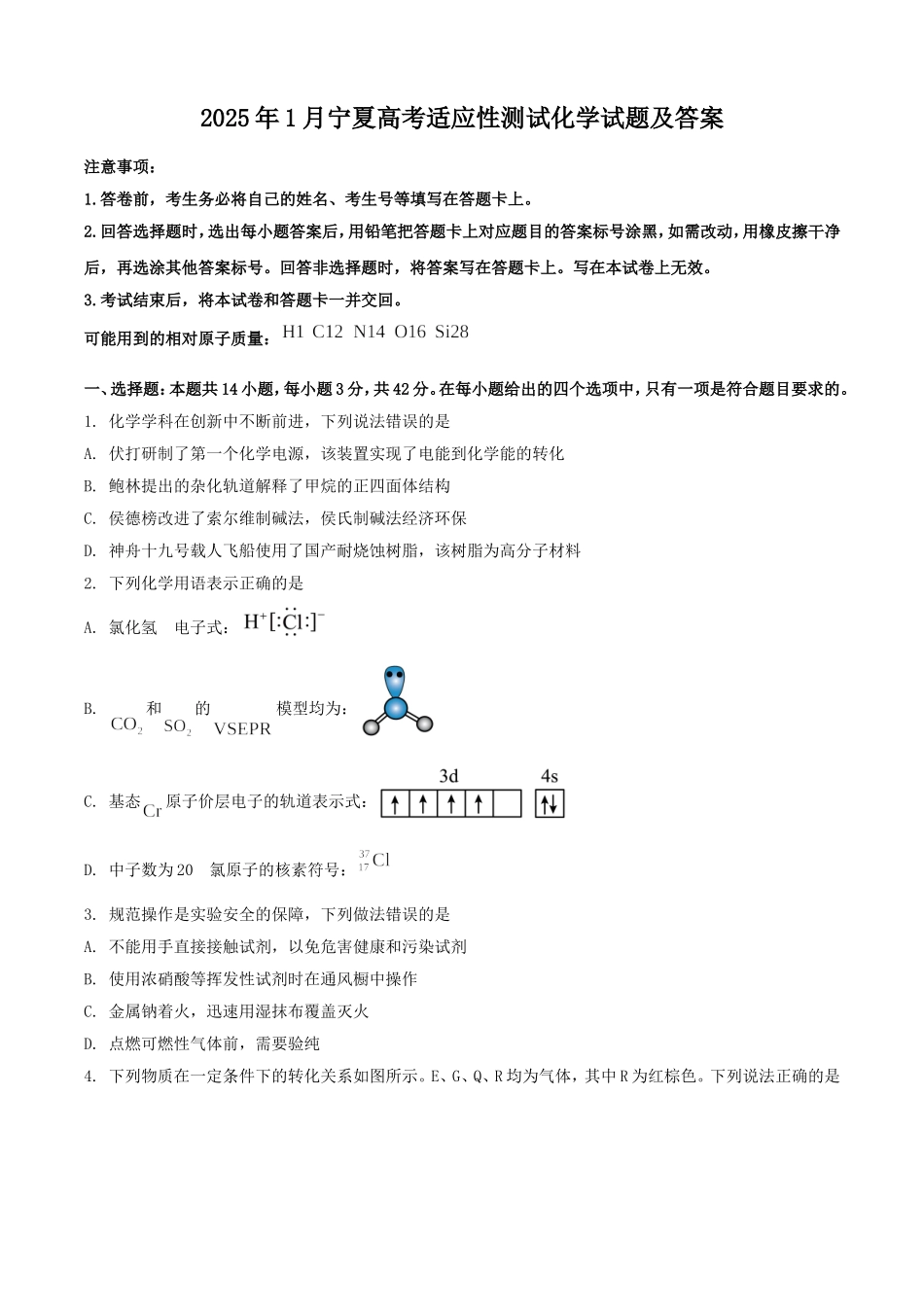 2025年1月宁夏高考适应性测试化学试题及答案.doc_第1页