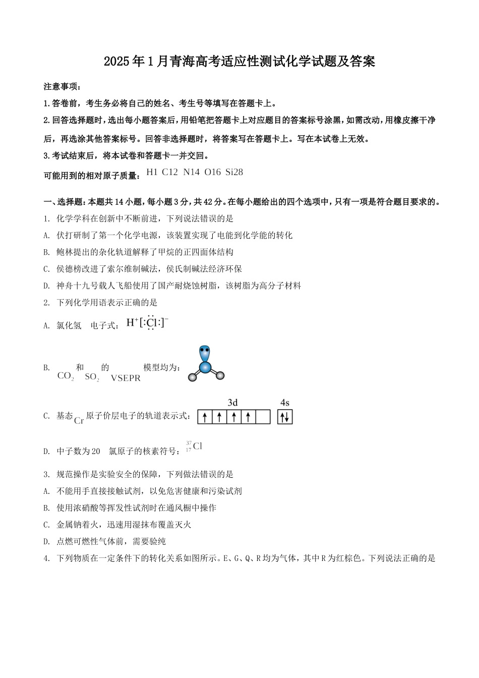 2025年1月青海高考适应性测试化学试题及答案.doc_第1页