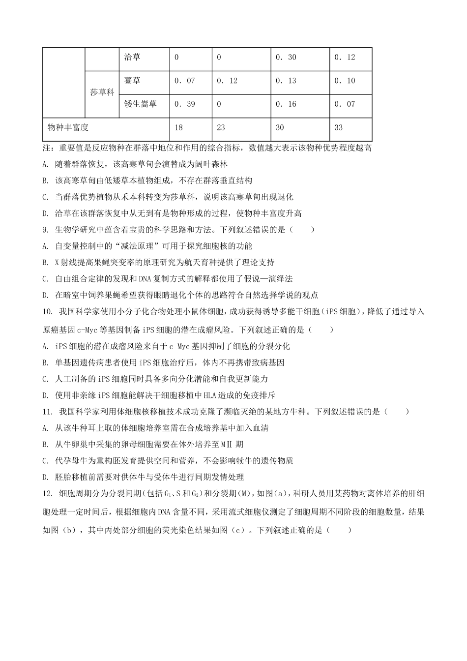 2025年1月青海高考适应性测试生物试题及答案.doc_第3页