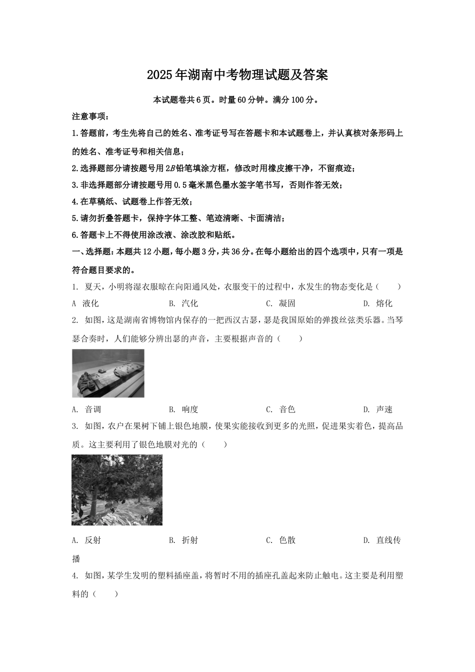 2025年湖南中考物理试题及答案.doc_第1页