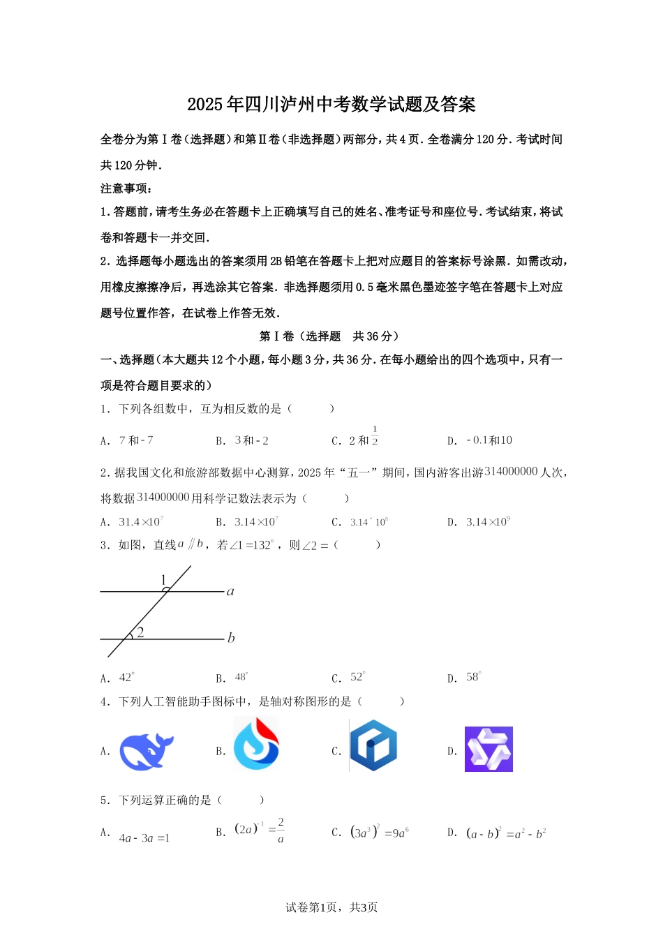 2025年四川泸州中考数学试题及答案.doc_第1页