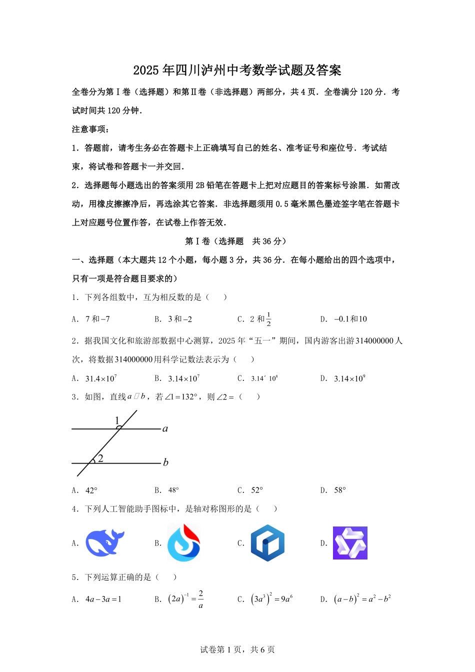 2025年四川泸州中考数学试题及答案.pdf_第1页